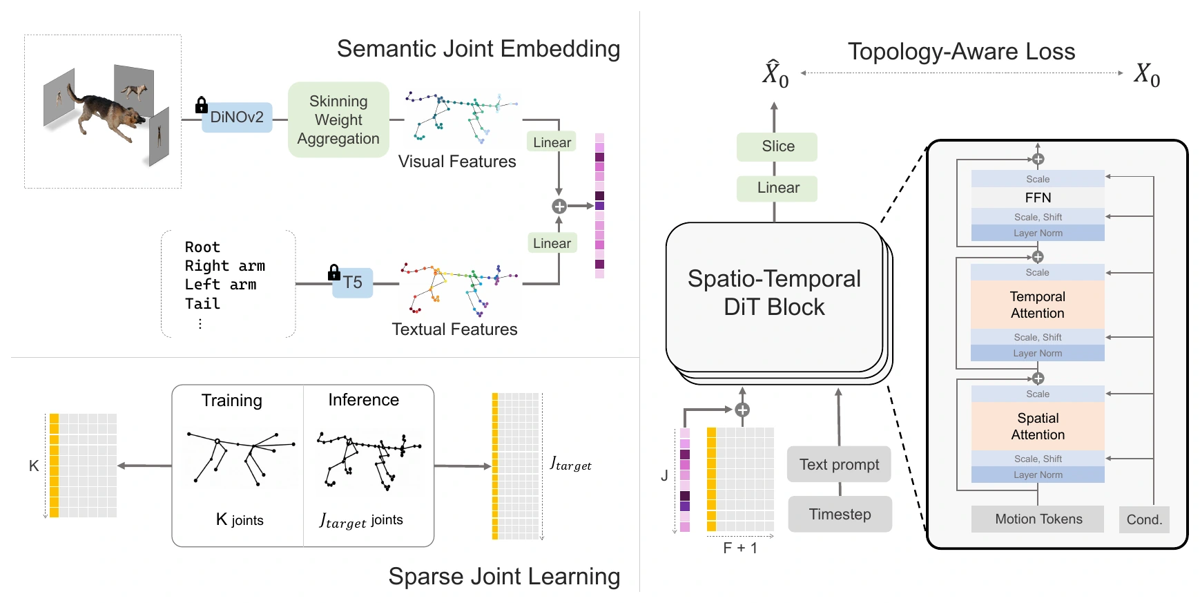 ETA-Motion architecture: textual T5 and visual DINOv2 joint embeddings condition a spatiotemporal diffusion transformer with sparse training joints, full inference skeletons, and a topology-aware loss.